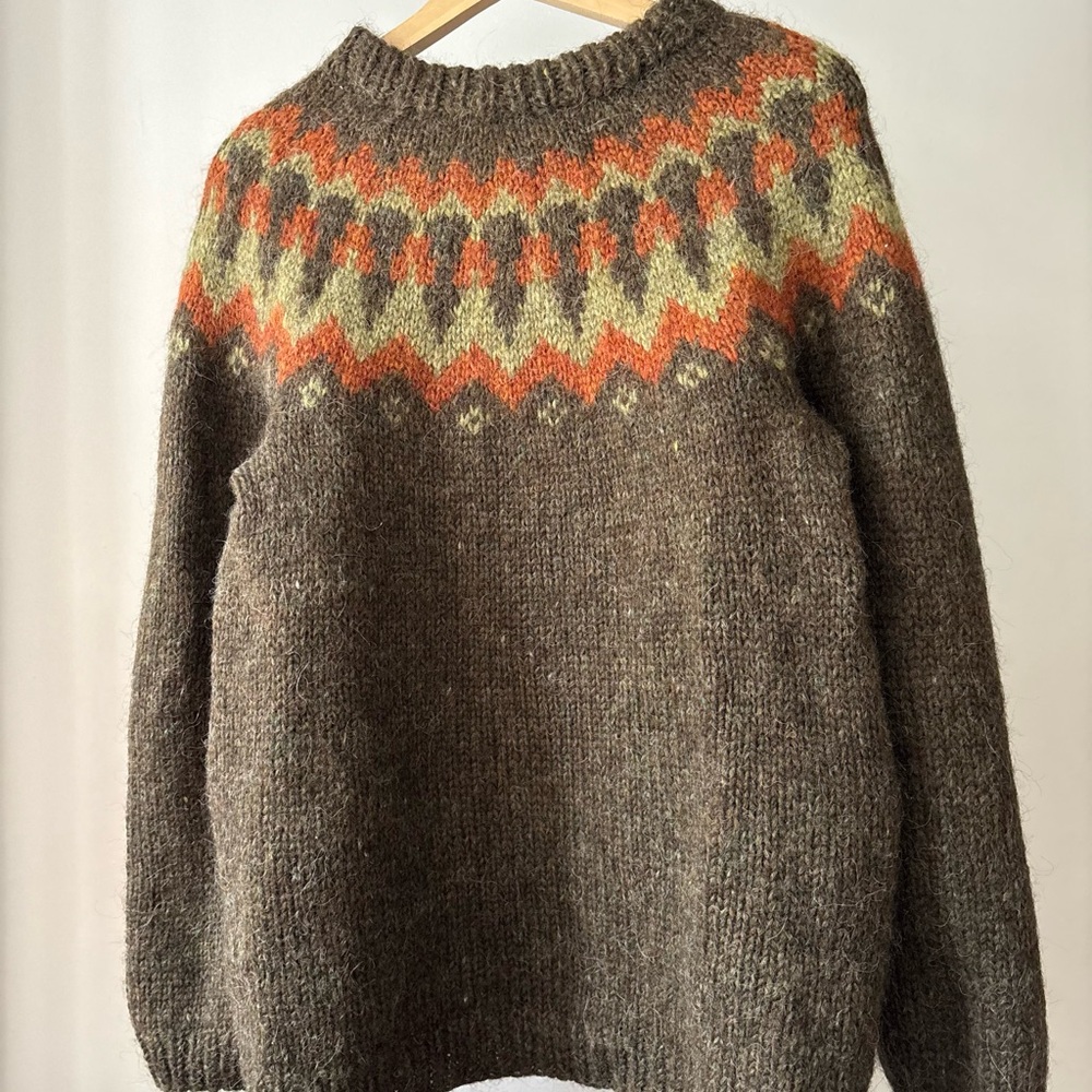 Vintage Handknit in Iceland Wool Fair isle Sweater | Brown & Green Crewneck Knit - Picture 2 of 7